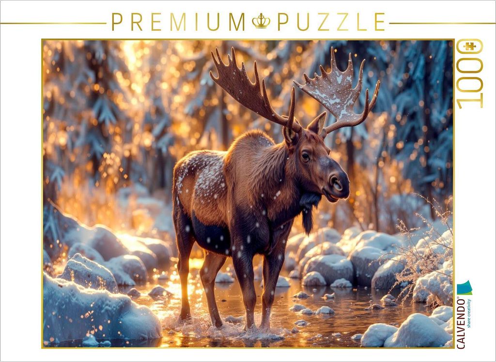 CALVENDO Puzzle Ein Elch an einem Wintertag - in seiner Lieblingsumgebung: Wald, Wasser und Sträucher | 1000 Teile Lege-Größe 64x48cm Foto-Puzzl...