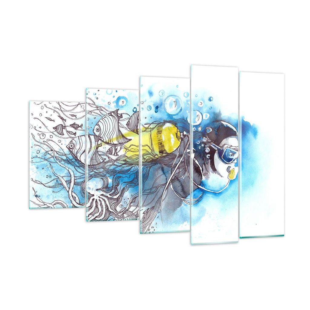Bilder auf glas - Taucher Fische Illustration Hobby - 150x100cm - Glasbilder - Wandbilder - Kunstdruck - Wanddekoration aus Glas - Glas Bilder - Wa...