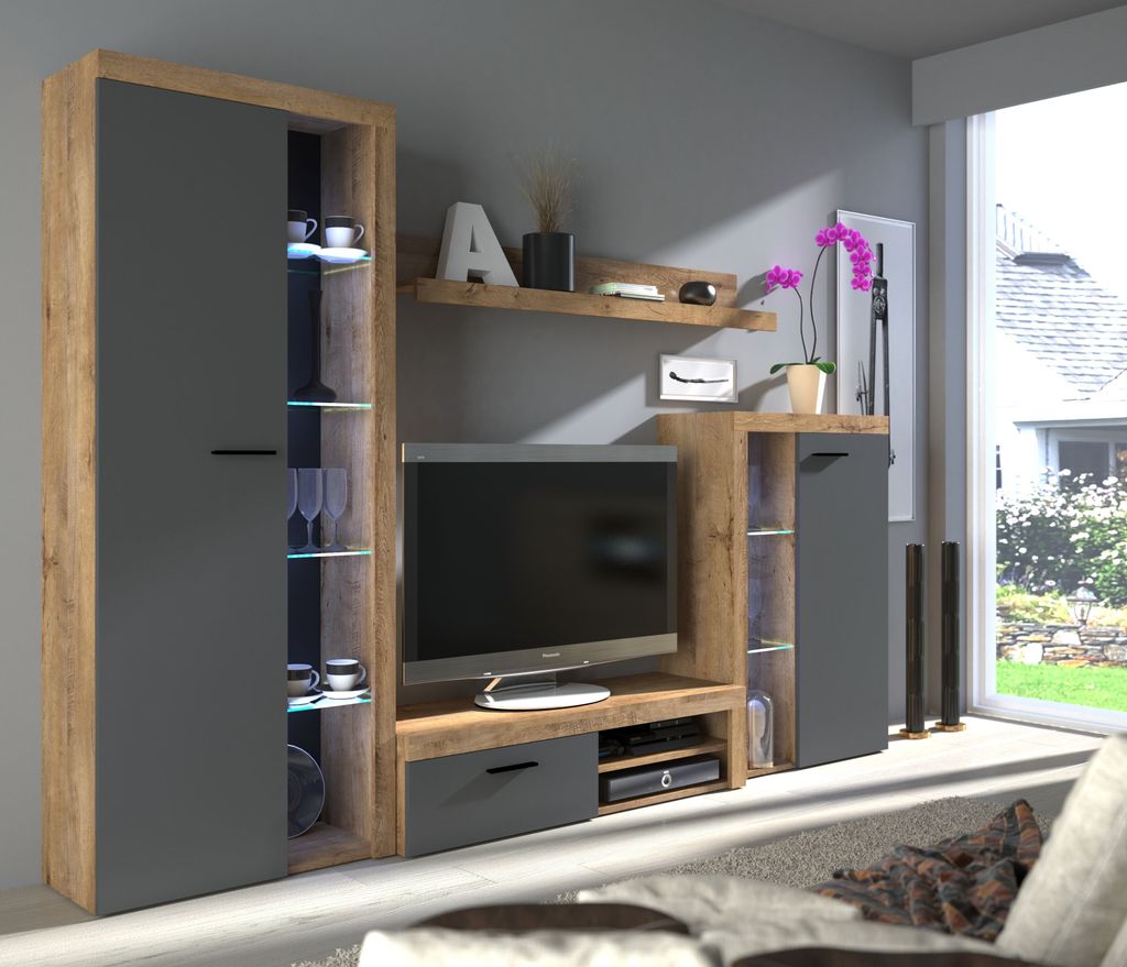 Wohnwand Schrankwand RUMBA TV-Schrank Wandregal 2xVitrine Wohnzimmer Anbauwand Graphit/Lefkas