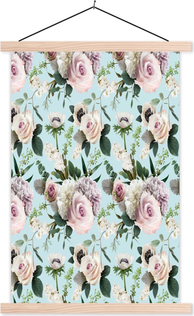 MuchoWow Textilposter Blumen - Rosen - Pastell 60x90 cm mit holzfarbenen Rahmen - Textil