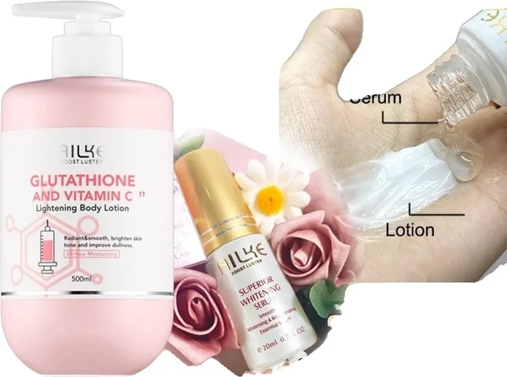 Set glutatione e vitamina C, lozione illuminante, crema idratante, set 2 in 1