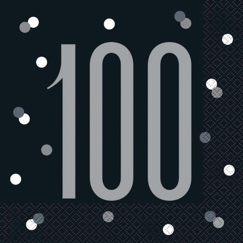 16 Servietten Happy 100th Black 33cm