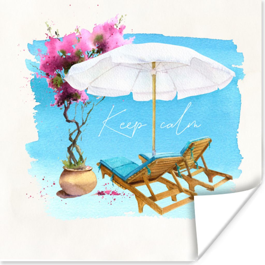 MuchoWow Poster Strandkorb - Sonnenschirm - Blumen - Zeichnung 75x75 cm - Wand Dekoration