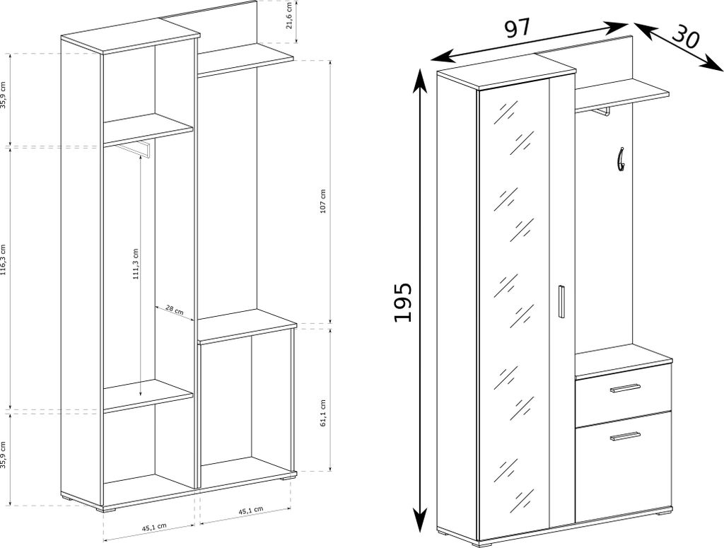 Garderoben-Set 97 cm mit Spiegel & Stauraum – Mit Haken, Schublade & Ablagen – Flurgarderobe, Wandgarderobe für Diele, Flur – Artisan Eiche ...