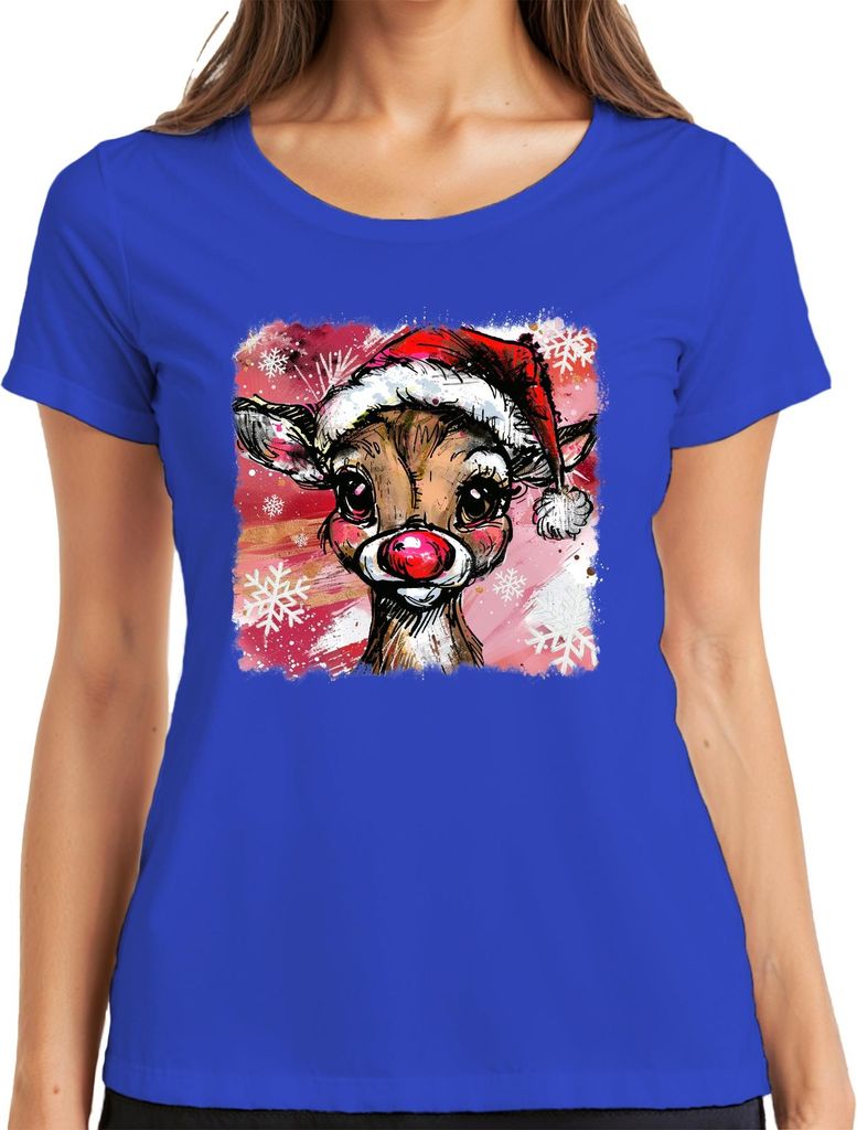 Rudolph Weihnachtsrentier rote Nase Weihnachten niedlich Retro Damen T-Shirt, Blau, 3XL