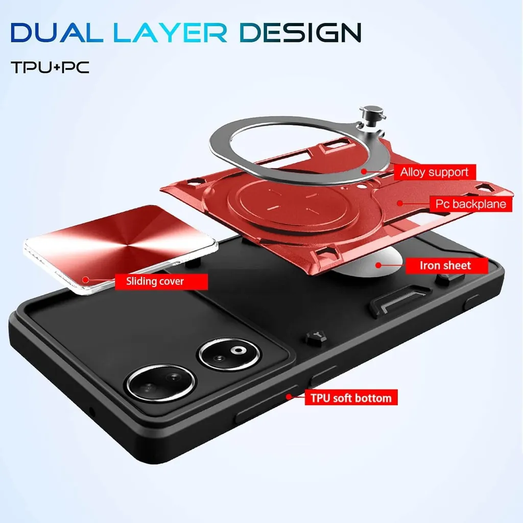 Custodia per Honor 90 5G Custodia resistente a doppio strato con copertura della fotocamera e supporto ad anello rosso