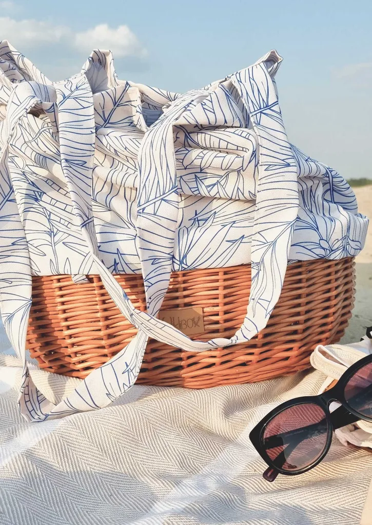 Sac de plage osier avec motif feuilles bleues WikliBOX grand format 50H