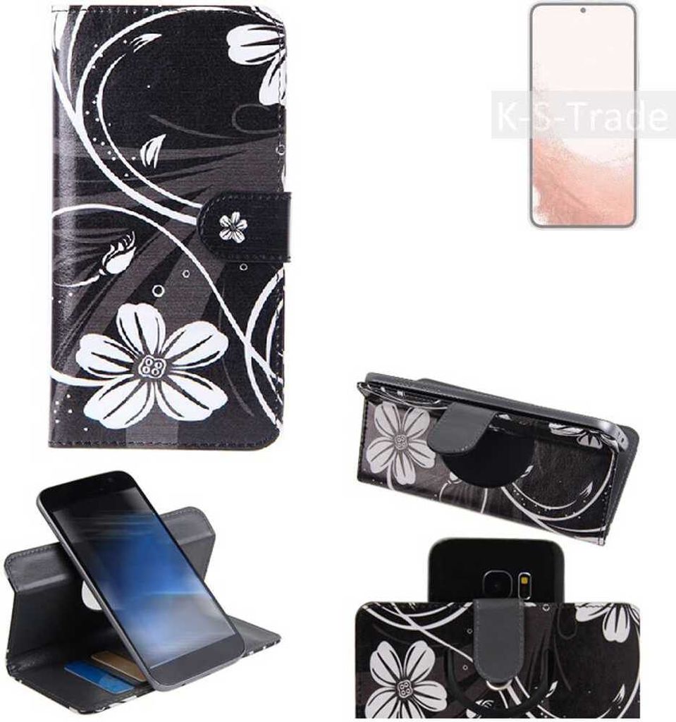 K-S-Trade Schutzhülle Handyhülle kompatibel mit Samsung Galaxy S22 Exynos Hülle 360° Wallet Case ''Flowers'' Klapphülle Hülle schwarz-weiß 1x