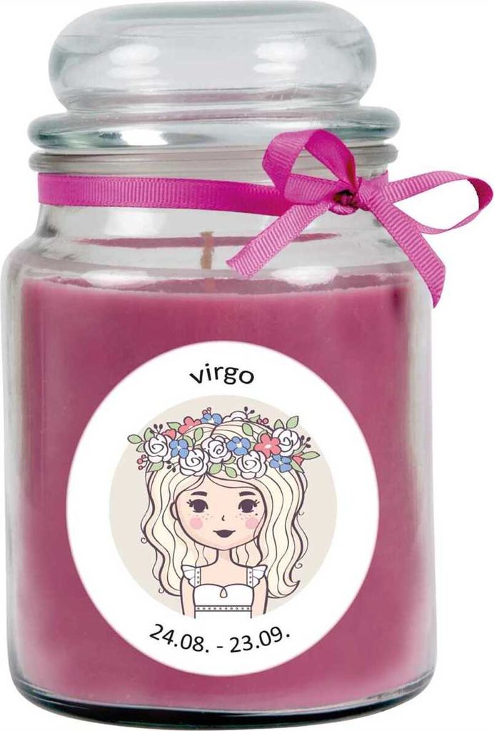 HS Candle "Sternzeichen" Duftkerze Lavendel im Bonbonglas ( Jungfrau ) - viele Motive zur Auswahl, 500g - Brenndauer bis zu 110 Std - Virgo