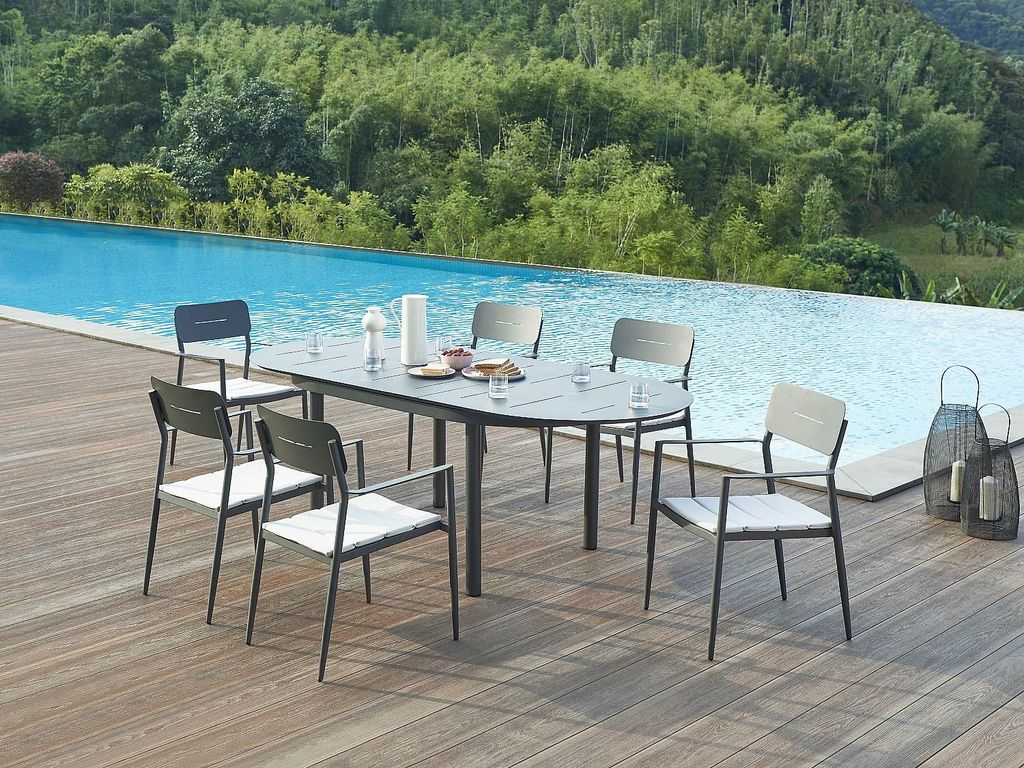 Aluminium-Gartenmöbel-Set: 170/240 cm langer Klapptisch und 6 Stapelsessel - Anthrazit - LOTTYS by MYLIA