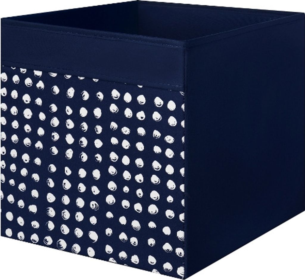 A dark blue storage cube with a white polka dot pattern on one side and a solid dark blue on the other three sides. The top is open.