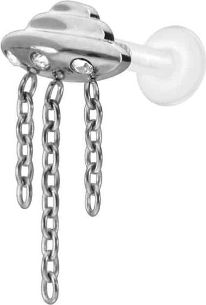 Ohrpiercing, Nasenpiercing PTFE Labret mit Innengewinde + Titan-Aufsatz UFO + KETTEN + KRISTALLE Silber Stablänge: 7mm | Stabstärke: 1,6mm