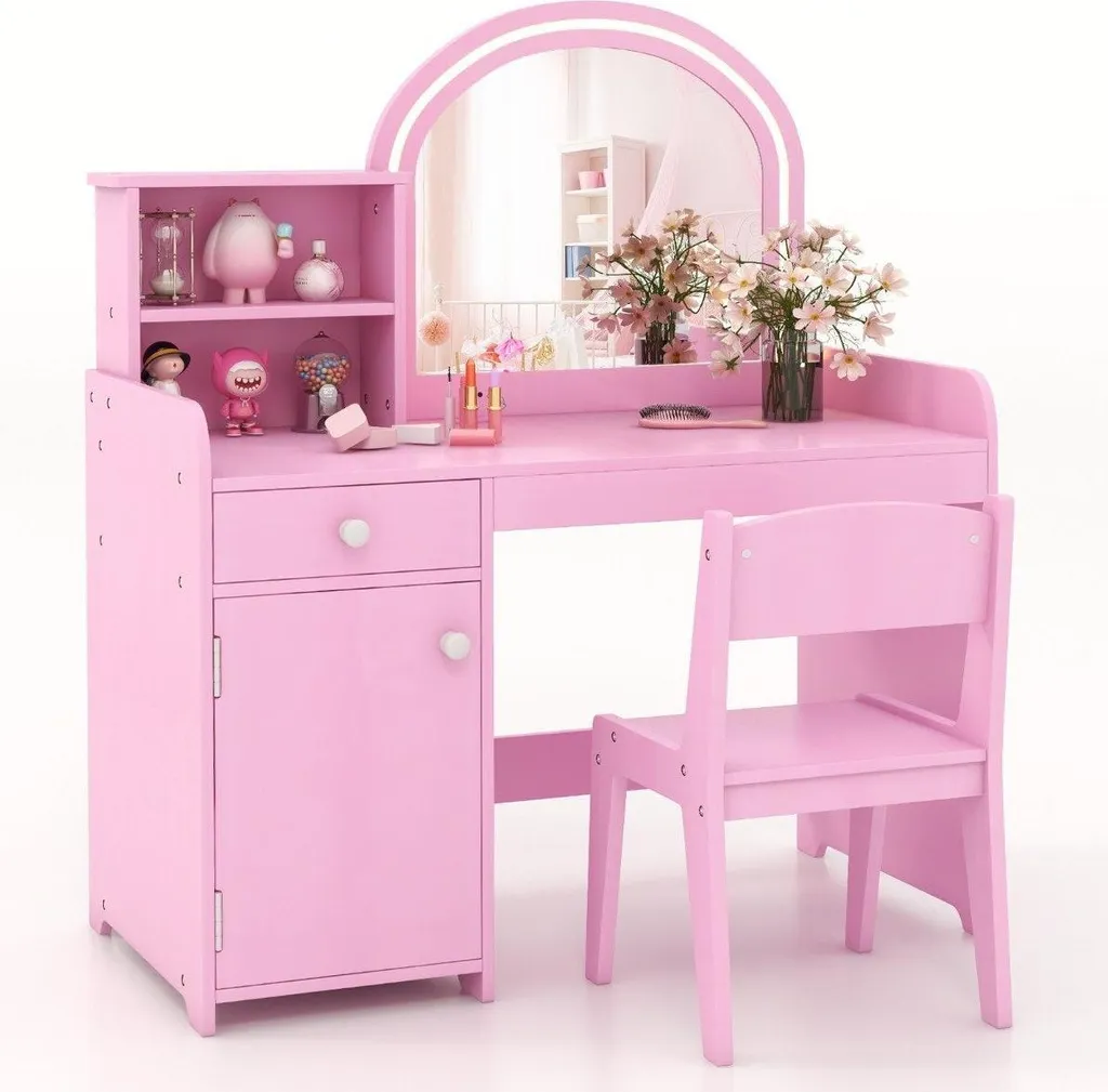 Bureau coiffeuse enfant 2 en 1 rose avec miroir amovible et assise