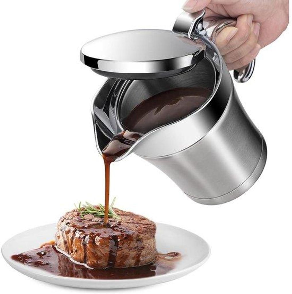Isolierte Juskan - Doppelwandige isolierte Edelstahl-Juskan - Mit klappbarem Deckel - Geeignet für feierliche Dinner - 450 ml - Silber