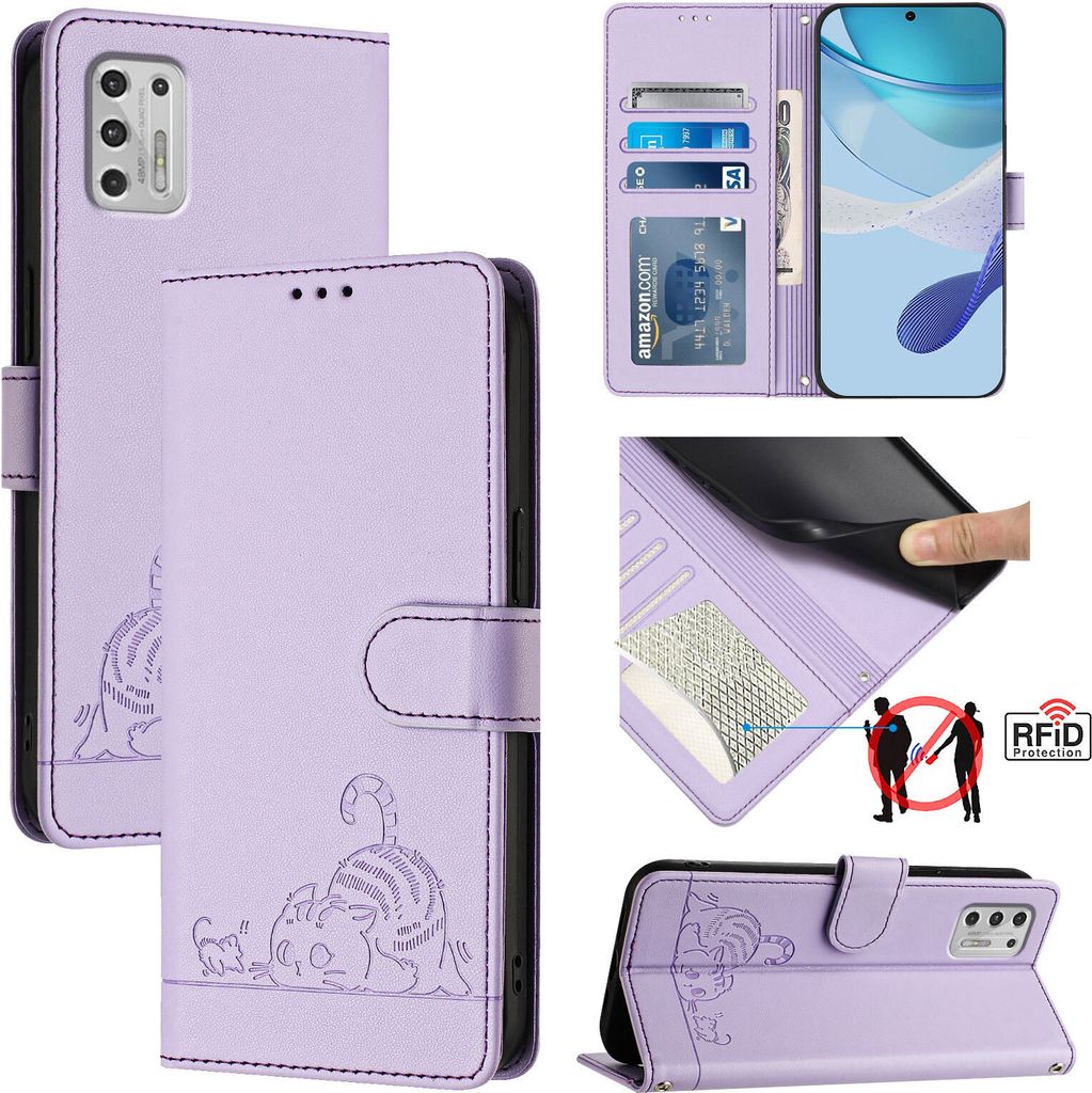 Leder Hülle für Motorola Moto G Stylus 4G (2021) Süße Katze Flip Case Brieftasche Schutzhülle mit Standfunktion Lila