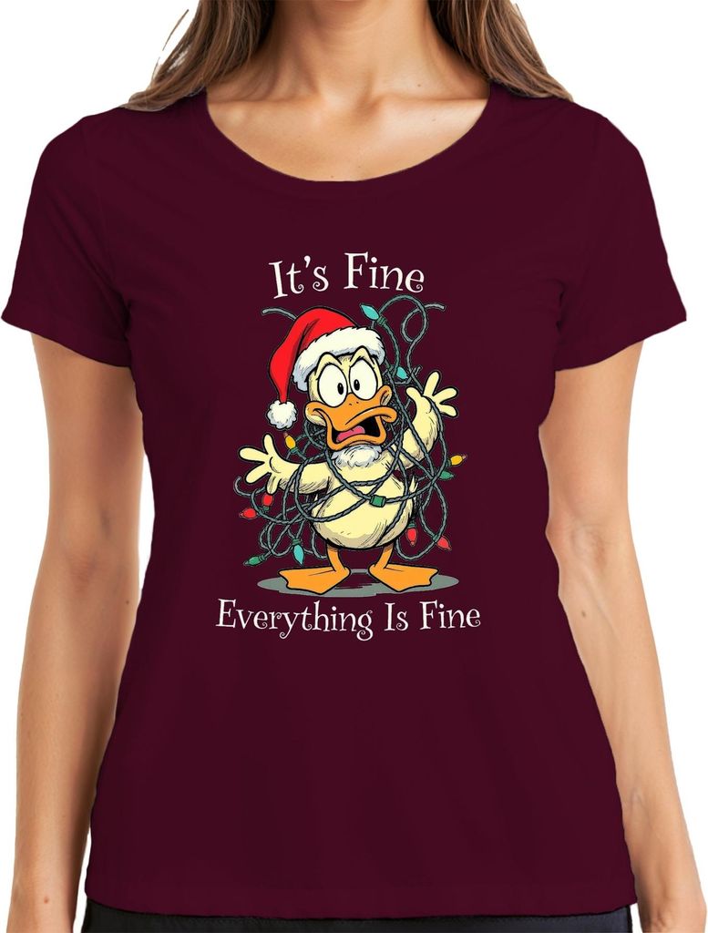 It's Fine Everything Is Fine Ente Weihnachten Lichterkette lustig Damen T-Shirt, Burgundy, XXL