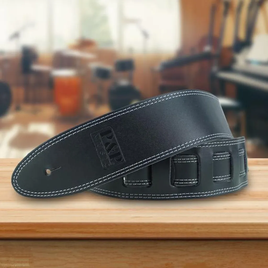 Sangle de guitare cuir véritable avec double couture keepdrum noire - 5