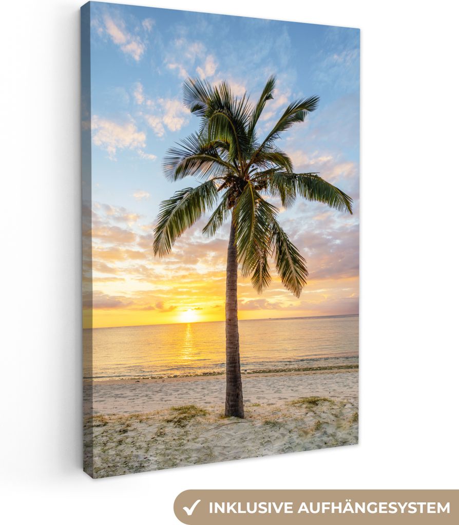 OneMillionCanvasses - Leinwandbilder - 90x140 cm, Strand - Palme - Sonnenuntergang, Wandbilder Kunstdruck Wanddekoration - Wandschmucke - Schlafz...