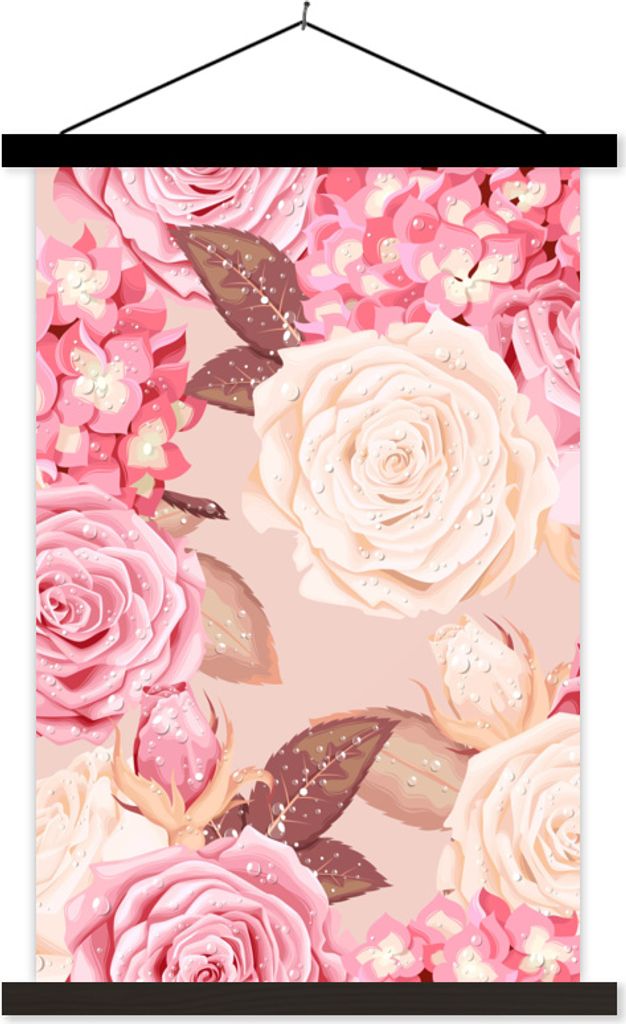MuchoWow Textilposter Rosen - Weiß - Rosa - Tropfen 60x90 cm mit schwarzem Rahmen - Poster Wohnzimmer