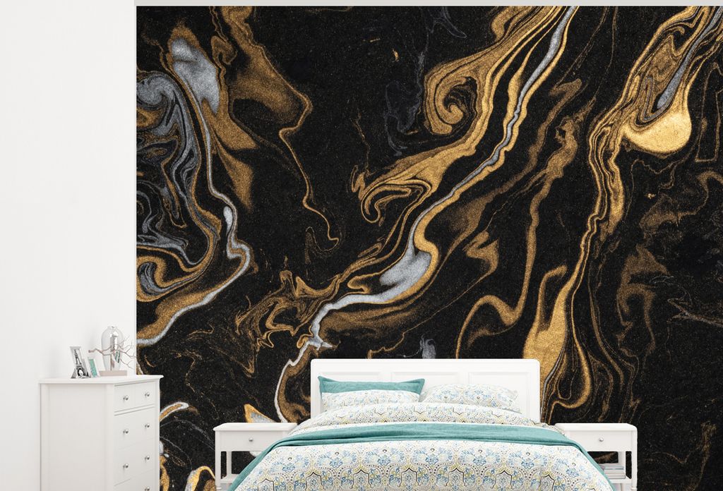 MuchoWow Fototapete für Wohnzimmer oder Schlafzimmer Wandtapete Vinyl Motivtapete Marmor - Silber - Gold - Abstrakt - 300x240 cm - Fototapeten