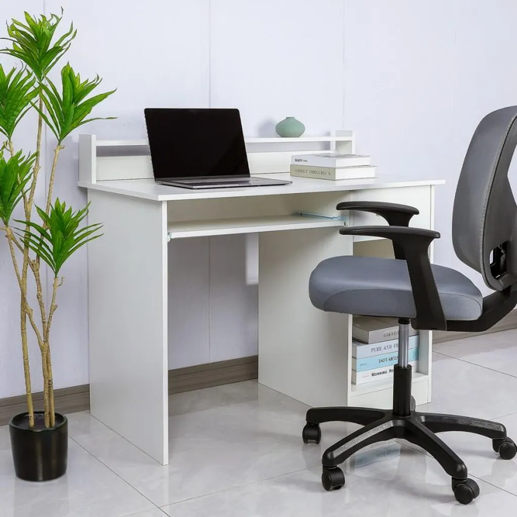 Petit bureau informatique blanc Drums Light à tablette coulissante compact - 2