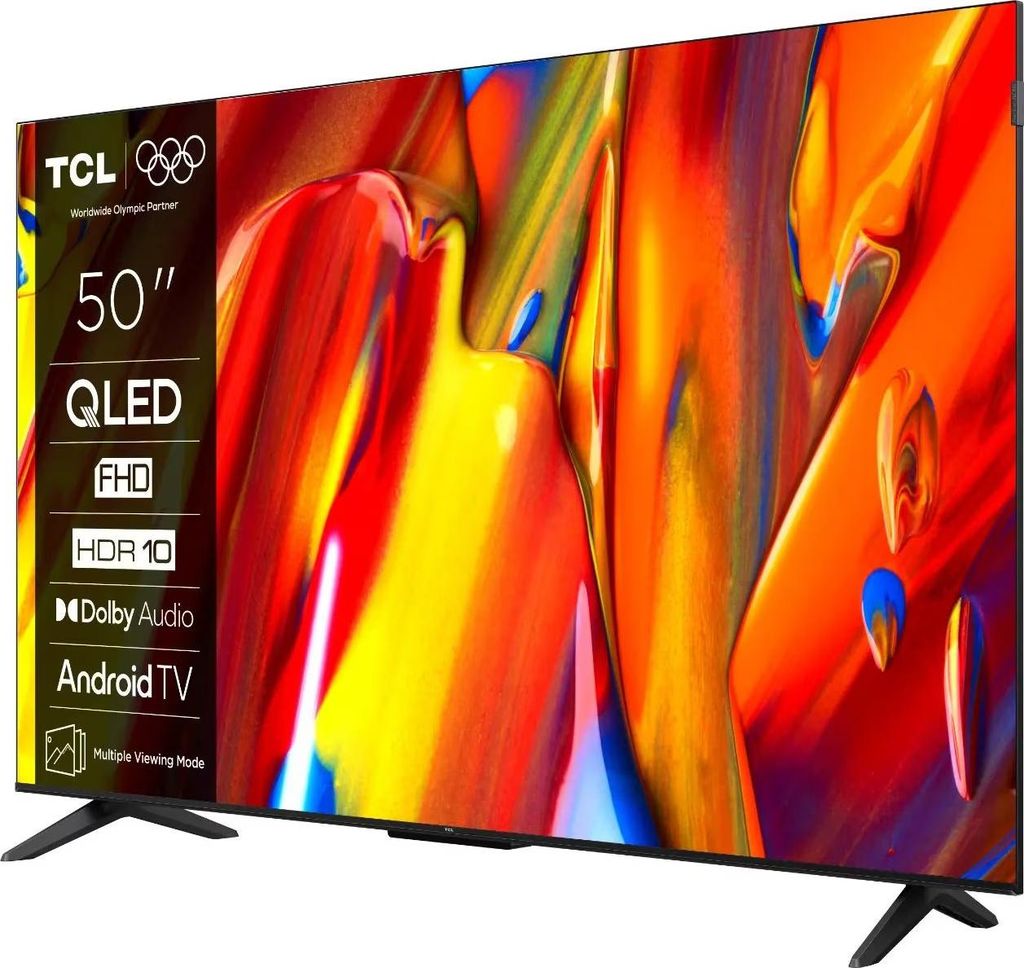A TCL QLED TV displaying a colorful abstract image, with product specifications listed on the left side.