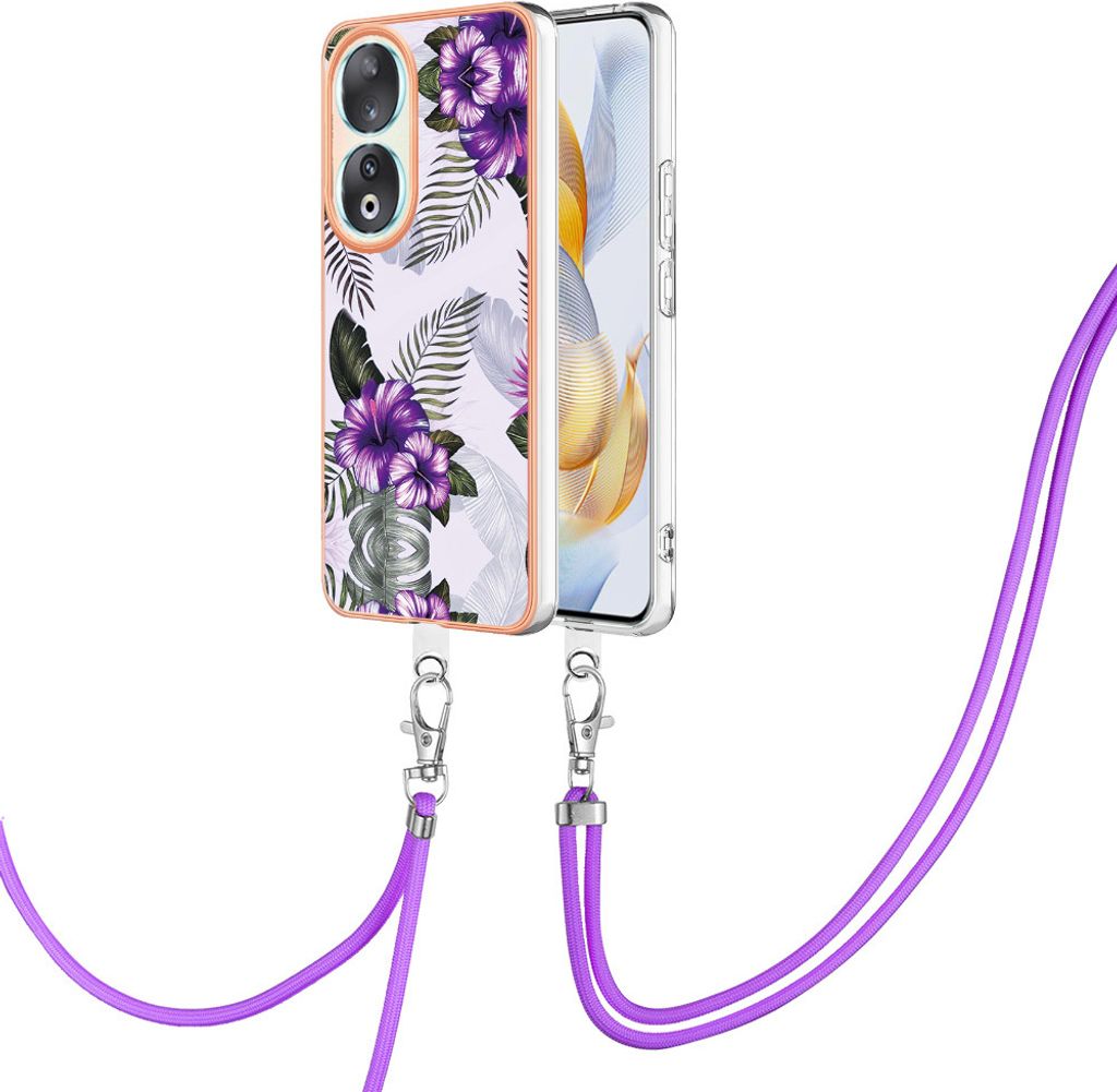 Handykette Hülle für Honor 90 5G Muster TPU Schutzhülle mit verstellbarem Tragegurt Lila