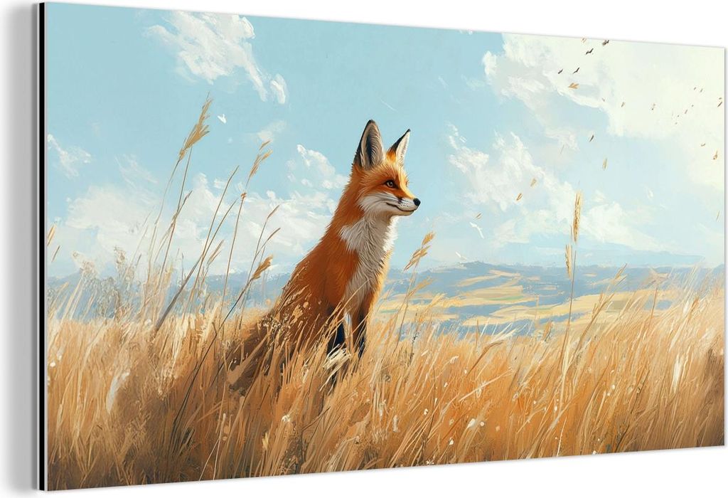 MuchoWow Wanddekoration Metall Metallbild Wandkunst 40x20 cm Fuchs - Gras - Wolken - Orange MuchoWow Aluminium Gemälde - Bild - Aluminium