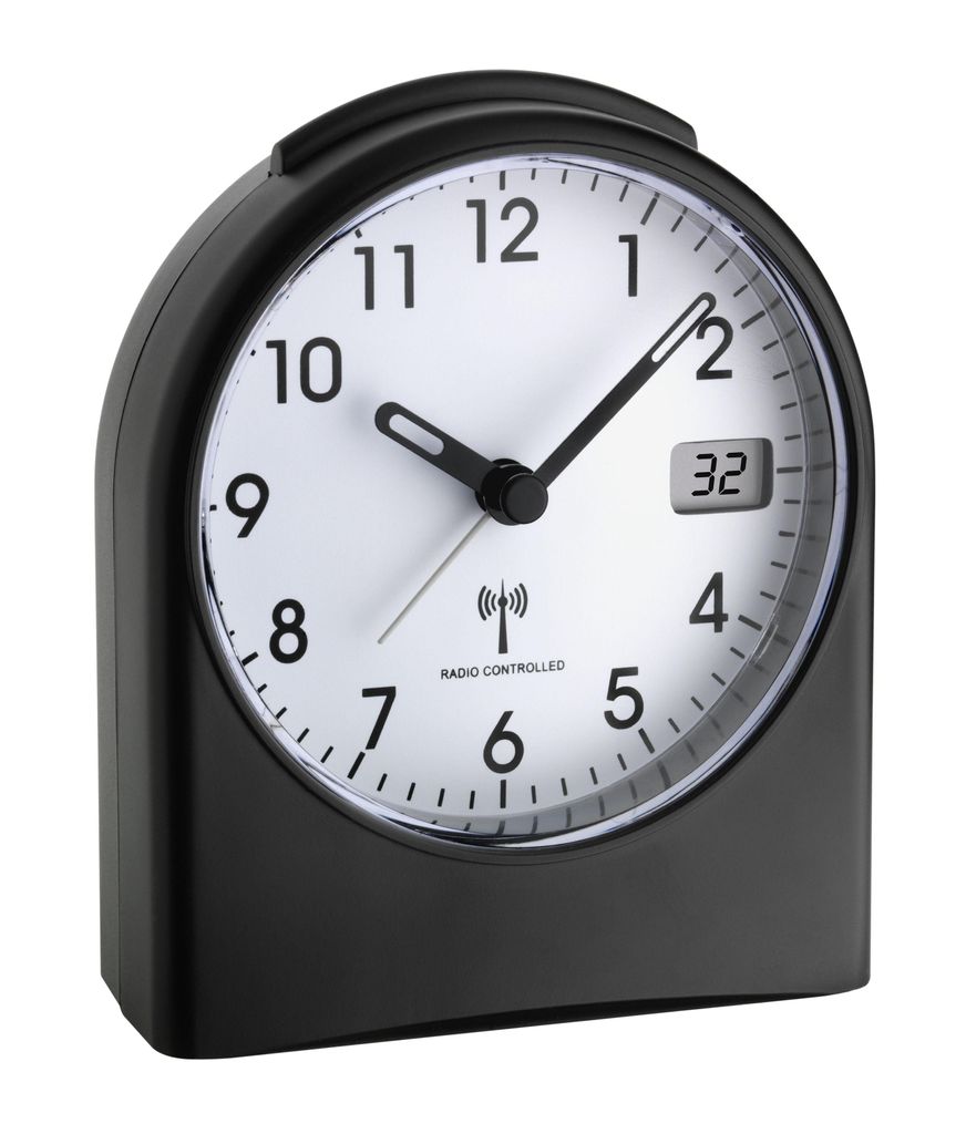 A black analog alarm clock with a white face and black hands is shown against a white background.