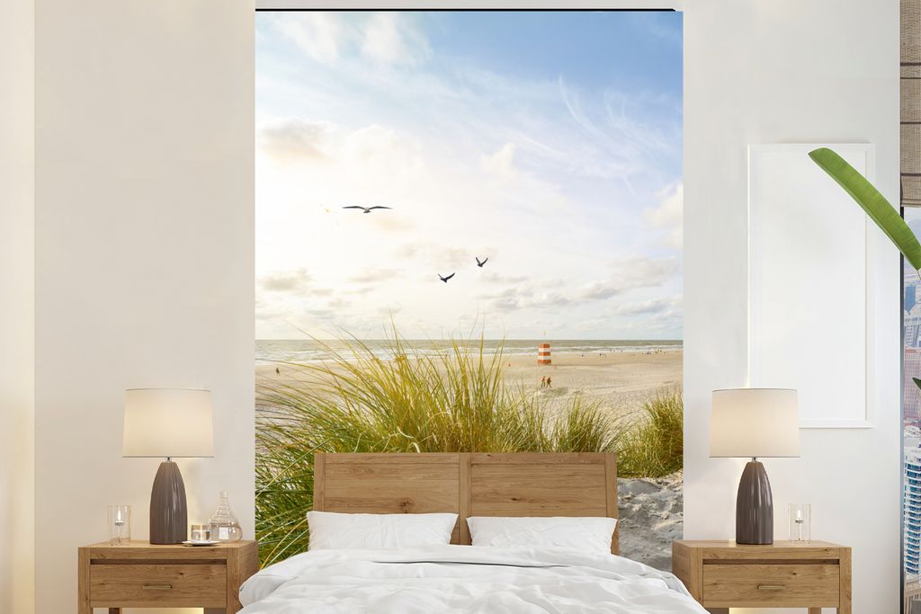 MuchoWow Fototapete für Wohnzimmer oder Schlafzimmer Wandtapete Vinyl Motivtapete Strand - Meer - Vögel - 225x350 cm - Schlafzimmer tapete