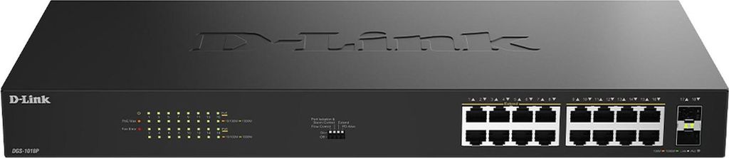 16-Port Gigabit PoE Switch unmanaged mit 2 SFP, 240W, Plug-and-Play
