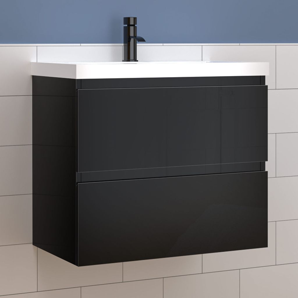 Waschtisch mit Unterschrank 60cm Alast Badmöbel Set Hochglanz Schwarz Dick Keramik Waschbecken mit Unterschrank MDF Softclose