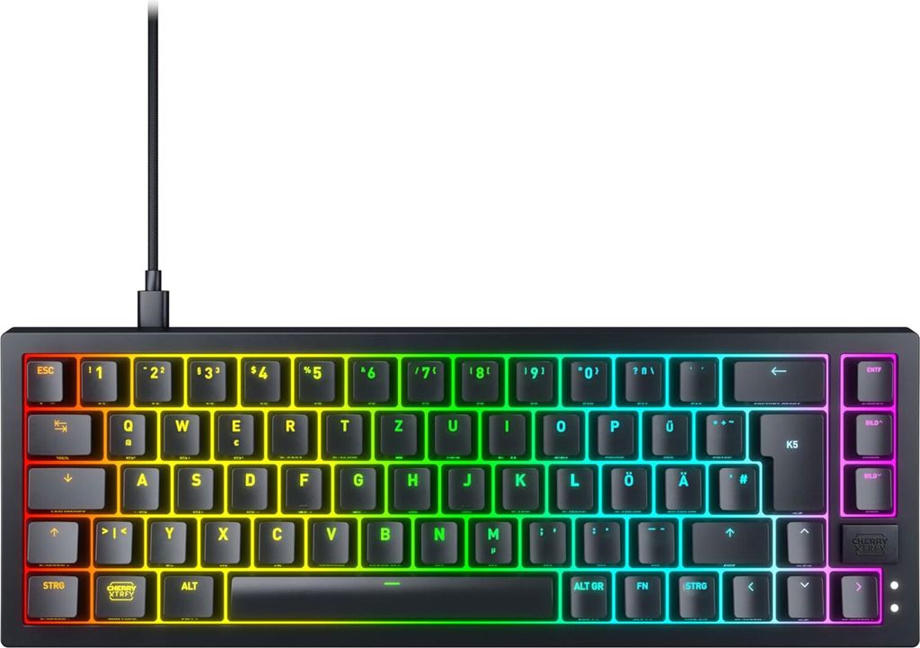 CHERRY XTRFY K5V2 - Tastatur - 65% - compact - hintergrundbeleuchtet - USB - QWERTZ - Deutsch - Tastenschalter: CHERRY MX2A Red - Schwarz