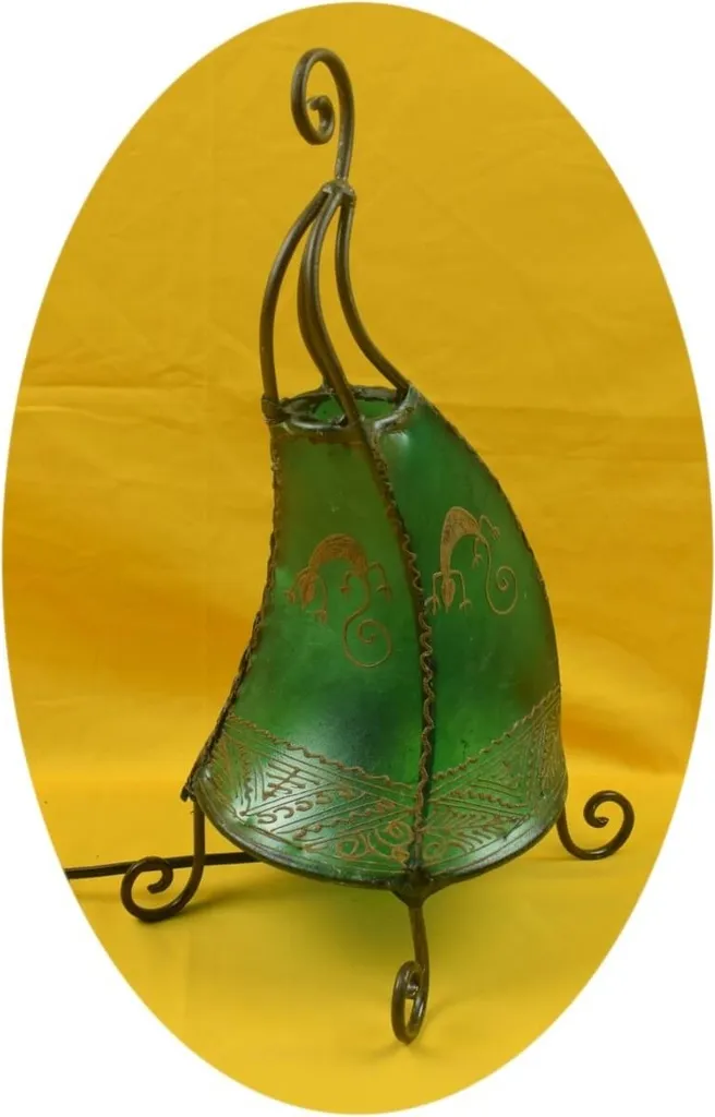 Lampada Marocchina in Pelle Verde 40cm | Henné Gecko per Tavolo e Terra