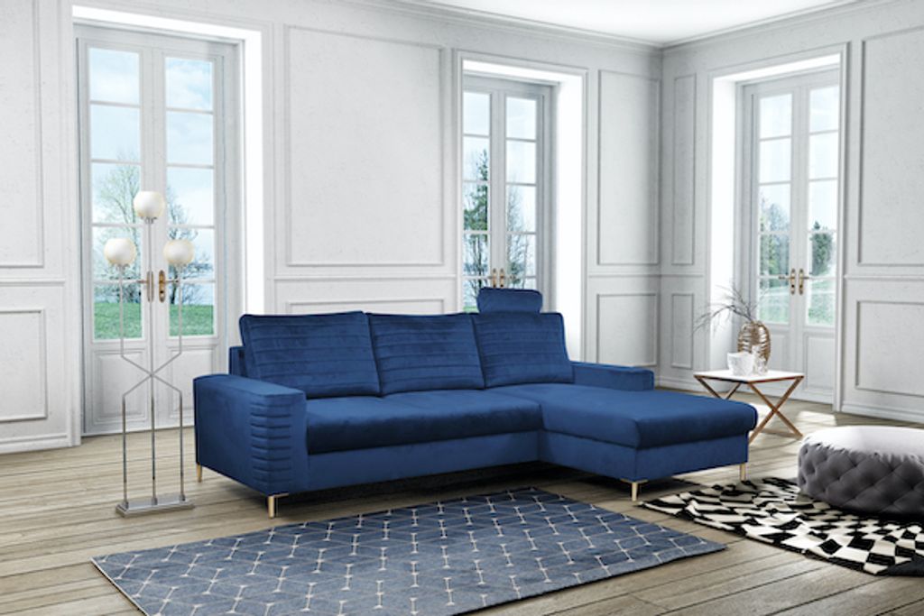 Ecksofa "Collin" Eckcouch Sofa Schlaffunktion marineblau / Füße Gold Recamiere rechts