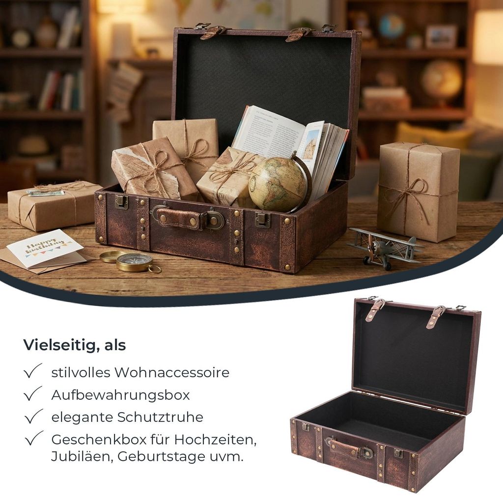 HMF Deko Koffer aus Holz mit Deckel und Ledergriff