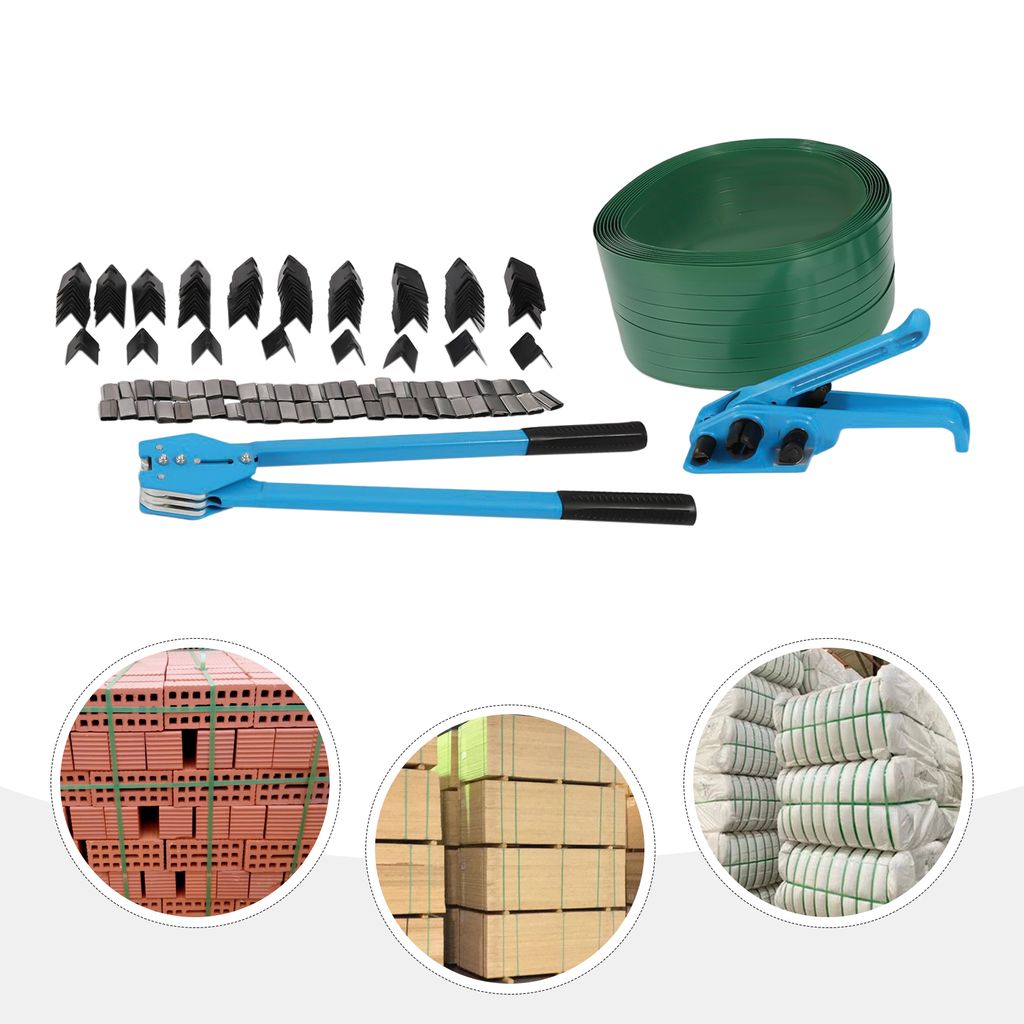A collection of strapping tools, bands, and corner protectors, along with three inset images showing strapped bundles of bricks, wood, and fabric.