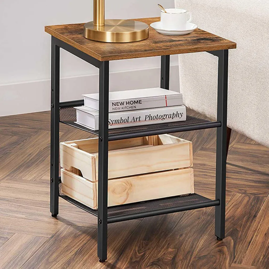 Table d'appoint rustique Brad 40x40 lot de 2 avec double étagère bois