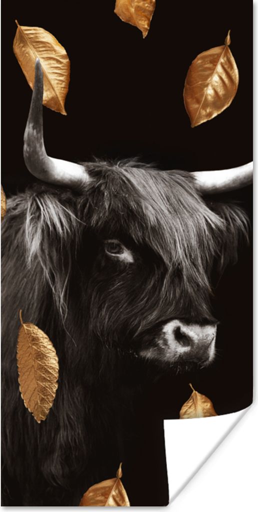 MuchoWow Poster Schottischer Highlander - Blätter - Gold - Schwarz 20x40 cm - Plakat - Foto