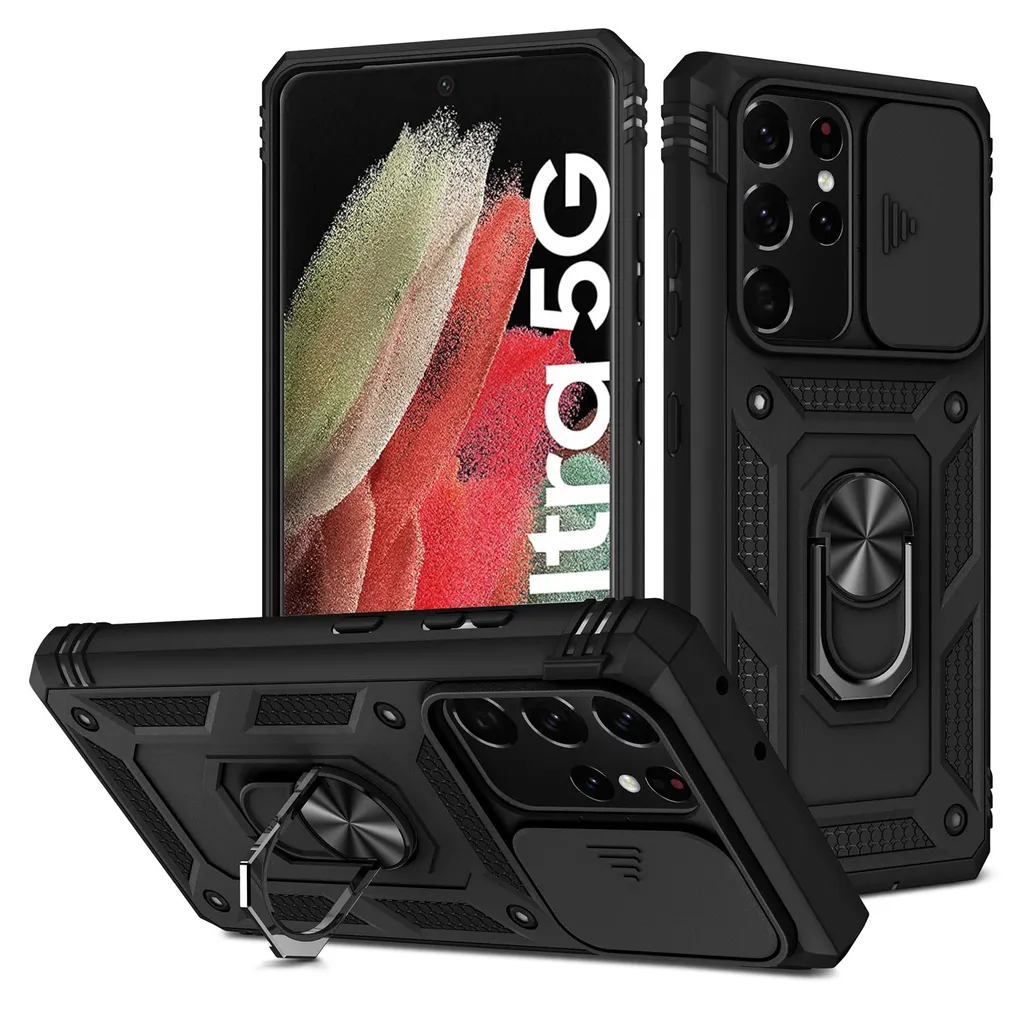 Cover S21 Ultra 5G Anti-urto: Protezione Lenti e Anello Stand Nero