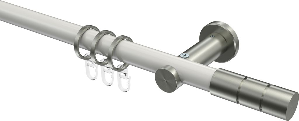 Interdeco Gardinenstange / Vorhangstange Weiß / Edelstahl-Optik, Typ Platon Elanto (Rillenzylinder), 20 mm Ø 1-läufig, 540 cm