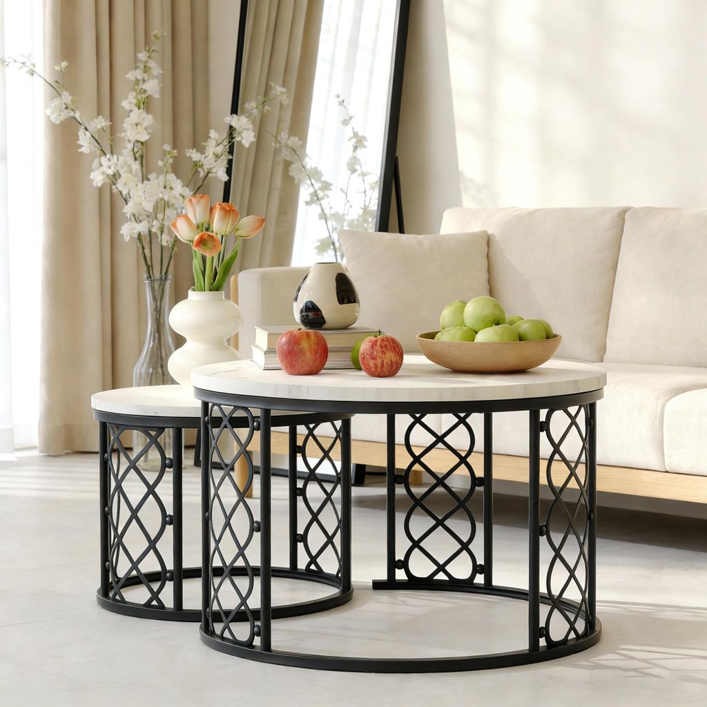MODFU Couchtisch rund schwarz,2er set Sofatisch mit weiße Tischplatte,Wohnzimmertisch, Satztische, Beistelltisch für Schlafzimmer und Wohnzimmer