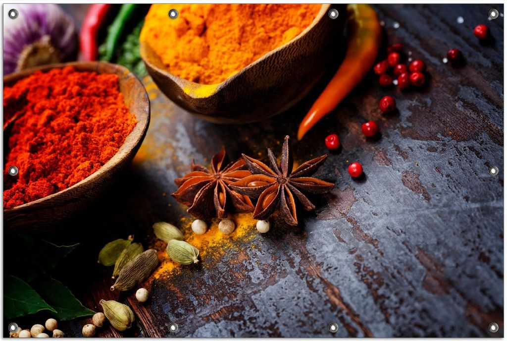 Wallario Outdoor-Poster für Garten oder Balkon, Motiv Exotische Gewürze auf einem Holztisch, in ca. 100 x 150 cm