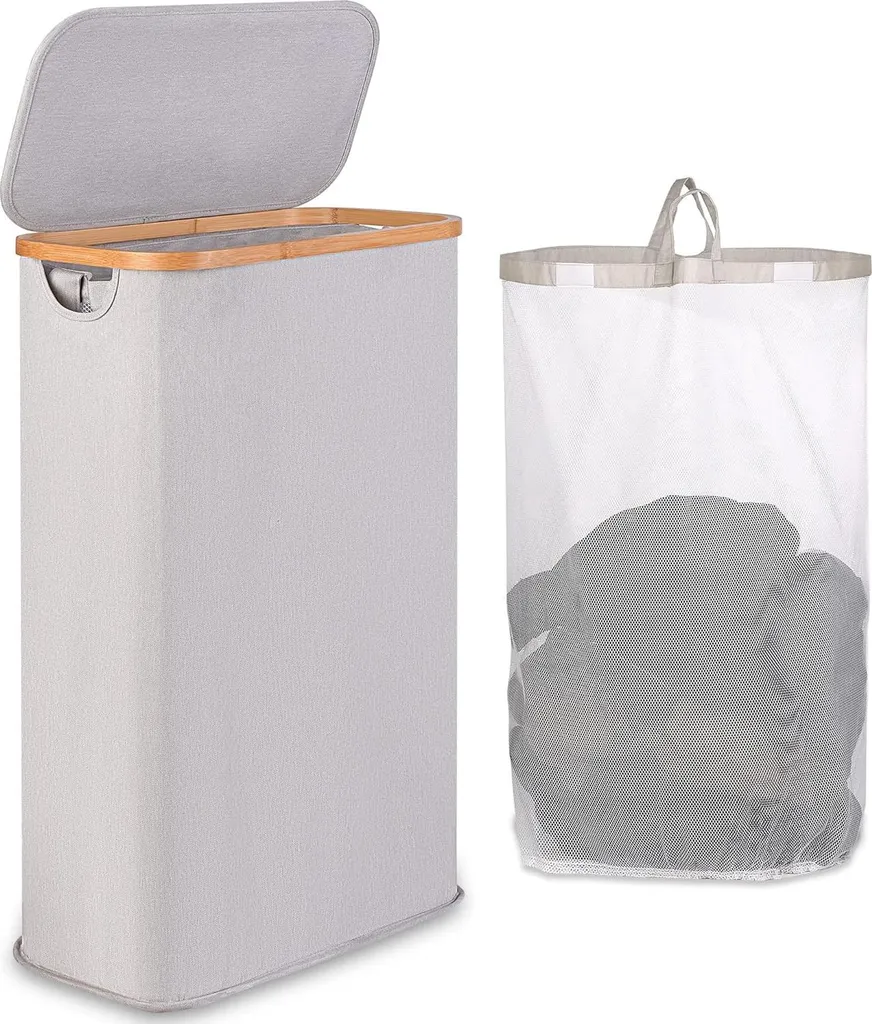 Panier à linge étroit 60L avec sac amovible et poignées en bambou gris