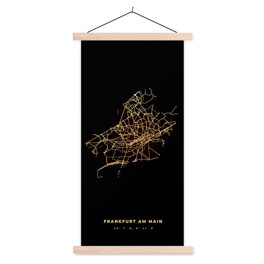 MuchoWow Textilposter Karte - Gold - Stadtplan - Frankfurt - Karte 40x80 cm mit holzfarbenen Rahmen - Wohnzimmer