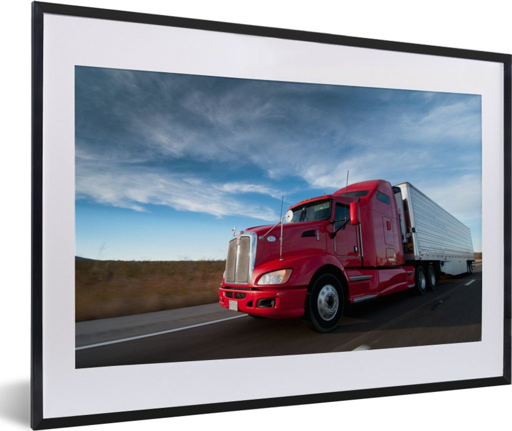 MuchoWow MuchoWow Gerahmtes Poster Roter Lastwagen mit bedrohlichem Himmel 60x40 cm - Poster mit zchwarzem Bilderrahmen - Schlafzimmer - Plakat...