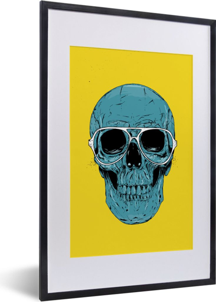 MuchoWow Gerahmtes Poster Totenkopf - Blau - Gelb - Brille 40x60 cm - Poster mit Schwarzem Bilderrahmen Wandposter Rahmen Foto Bilder - Poster in...
