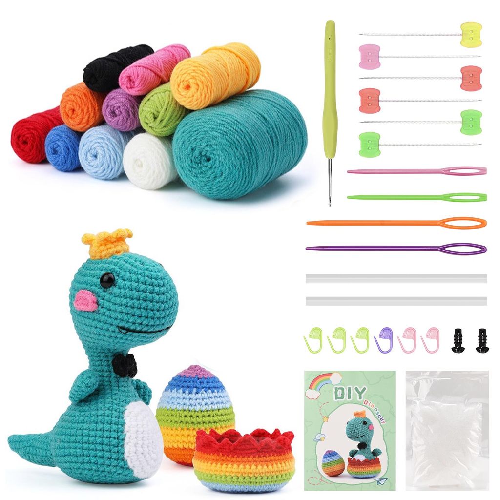 ProximaX Häkel-Set Dinosaurier für Anfänger – Komplett-Set mit Videoanleitung, 11 Farben Milch-Baumwollgarn & Zubehör, DIY Handmade Plüschti...