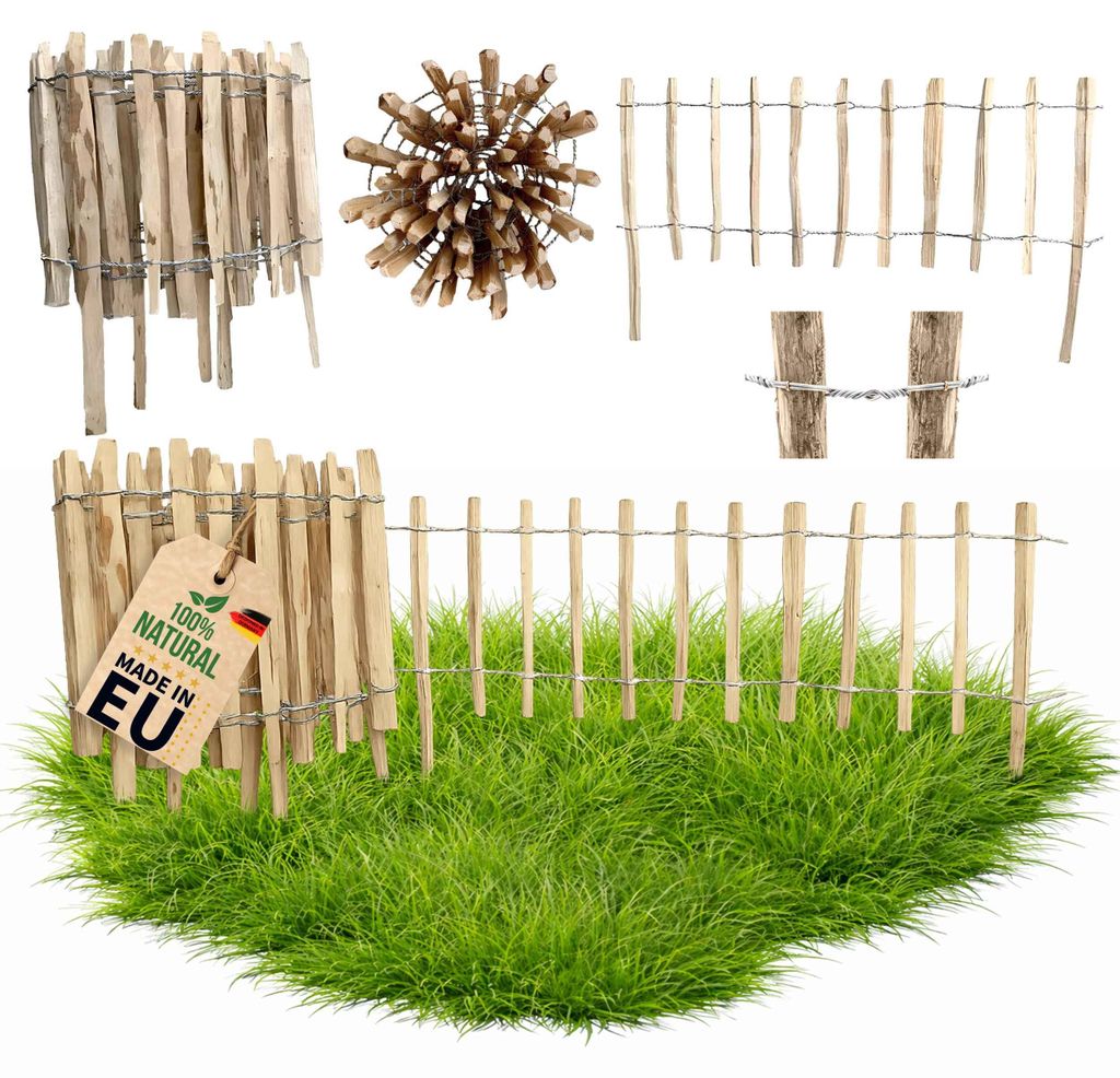 Floranica Staketenzaun aus Haselnuss mit Pfosten 35 cm hoch x 5 m Lattenabstand 8-10 Gartenzaun Holz Jägerzaun Teichzaun Bauernzaun