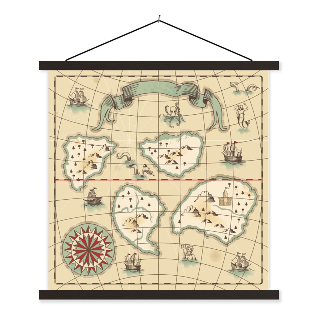 MuchoWow Textilposter Kinderillustration einer Schatzkarte mit fantastischen Meeresbewohnern 120x120 cm mit schwarzem Rahmen - Aufhängungsset